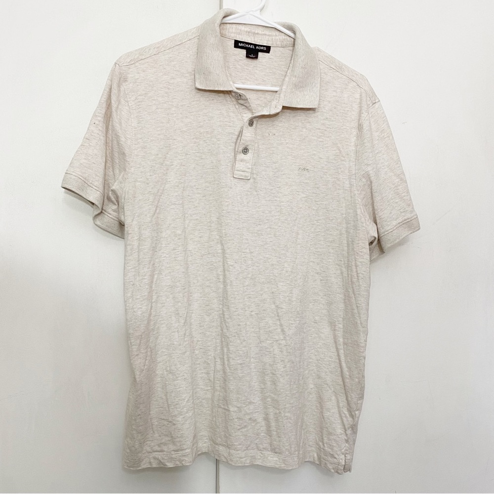 MICHAEL KORS lightweight heathered cotton knit polo shirt oatmeal color L